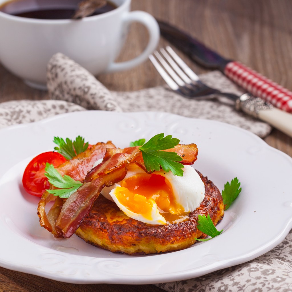 GLUTEN FREE POTATO PANCAKES WITH POACHED EGG AND BACON