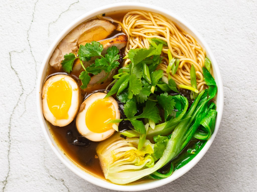 spice chicken Ramen with bok choy, noodles and pickled egg recipe