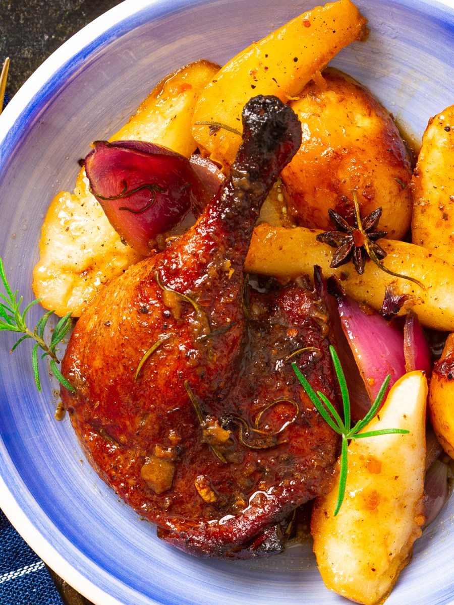 BAKED DUCK LEGS WITH POTATOES, ONIONS, AND&nbsp;PEARS