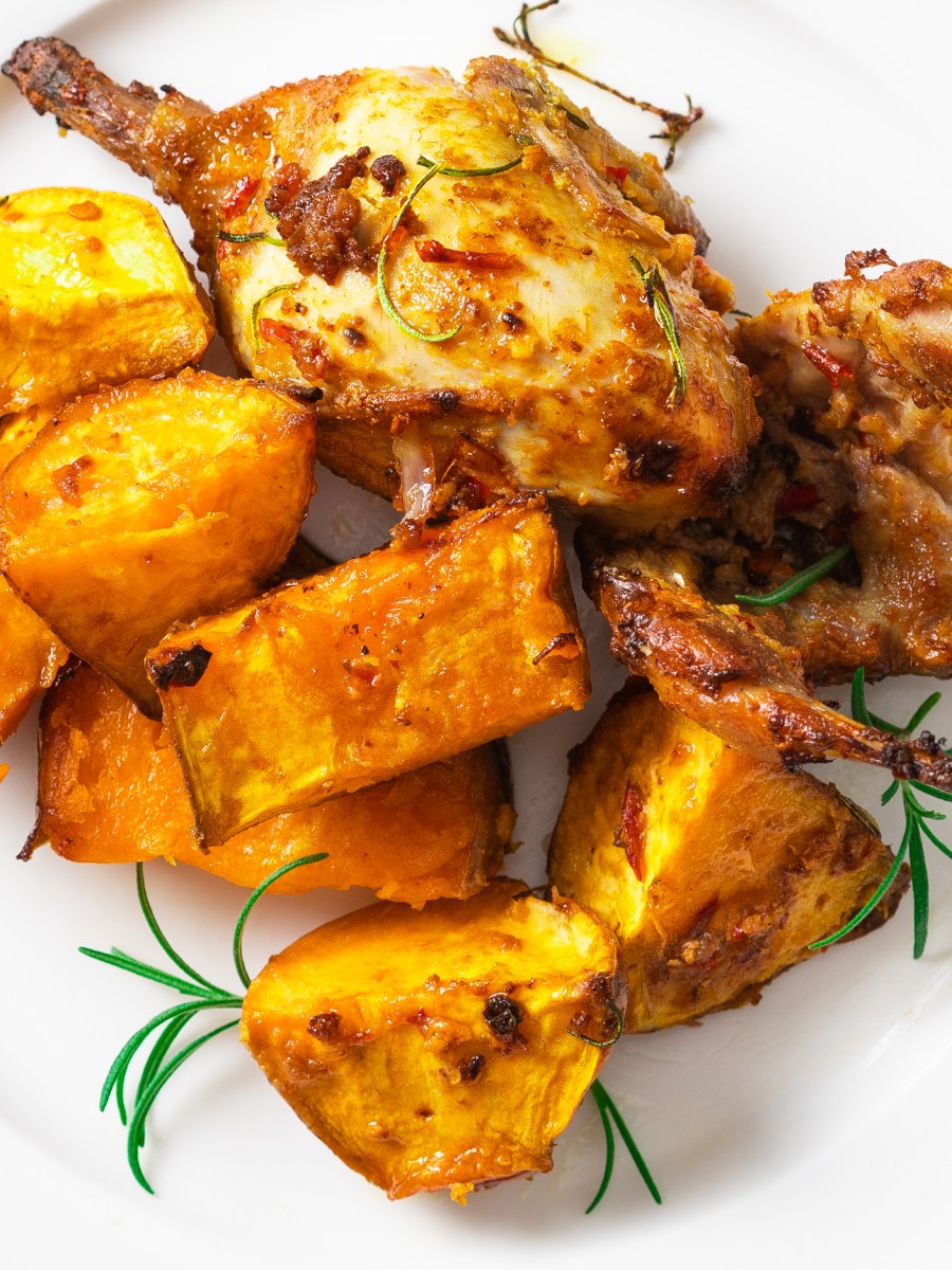 BAKED QUAIL WITH SWEET POTATO IN GREEK&nbsp;YOGURT